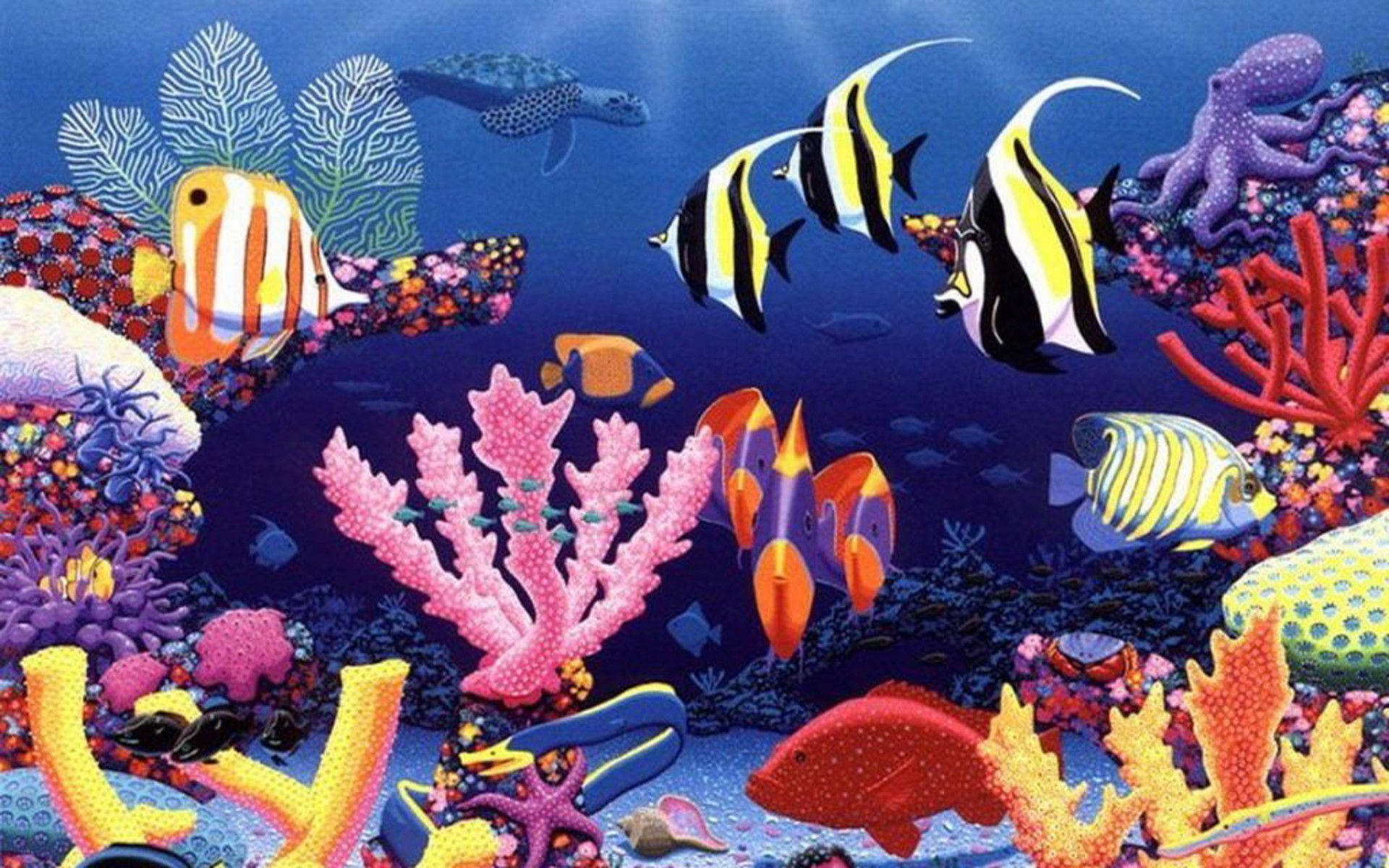 可愛涼魚藝術 壁紙 — 充滿活力的珊瑚礁，色彩繽紛的熱帶魚、章魚和海龜在深藍色海洋中游動。