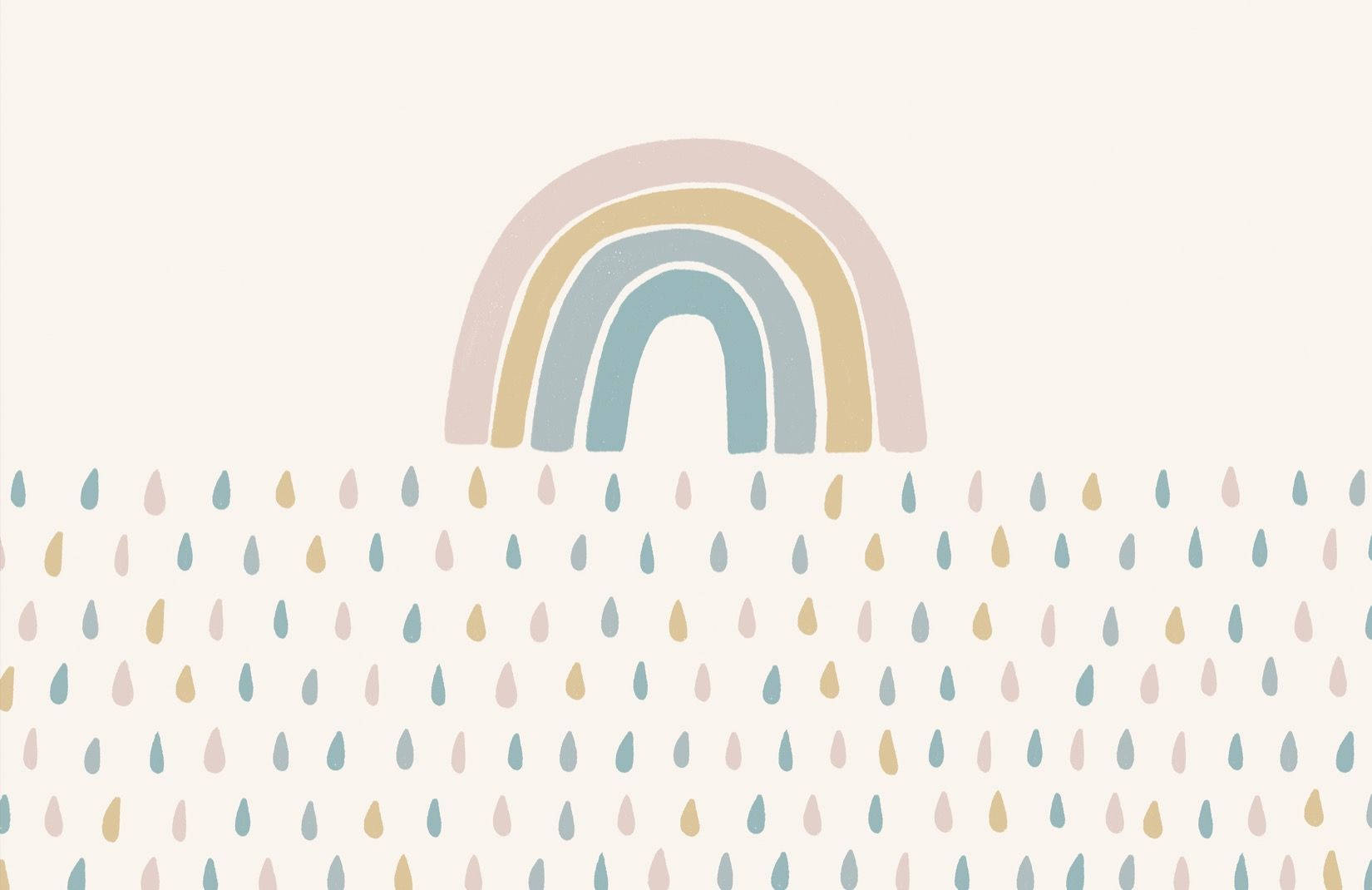 粉彩彩虹與相配的雨滴在奶油色背景上。