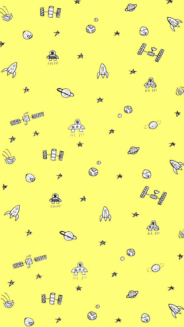 可愛淡黃色太空船圖案壁紙 壁紙 — 充滿火箭、太空船、行星和星星簡單黑色線條圖案的亮黃色壁紙。