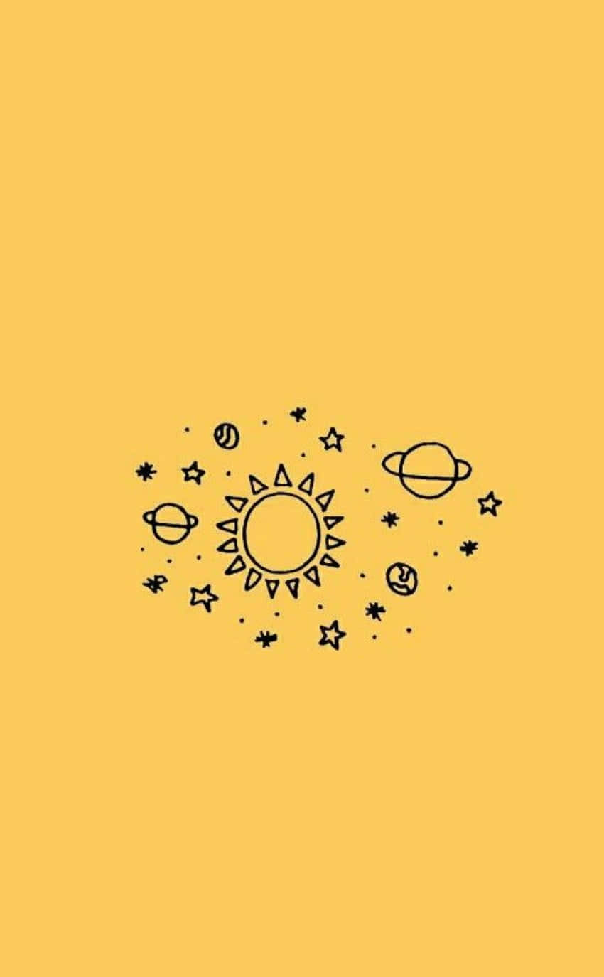 可愛淡黃色太陽系圖案 壁紙 — 在純黃色背景上，以極簡黑色線條繪製的太陽，周圍環繞著行星和星星。