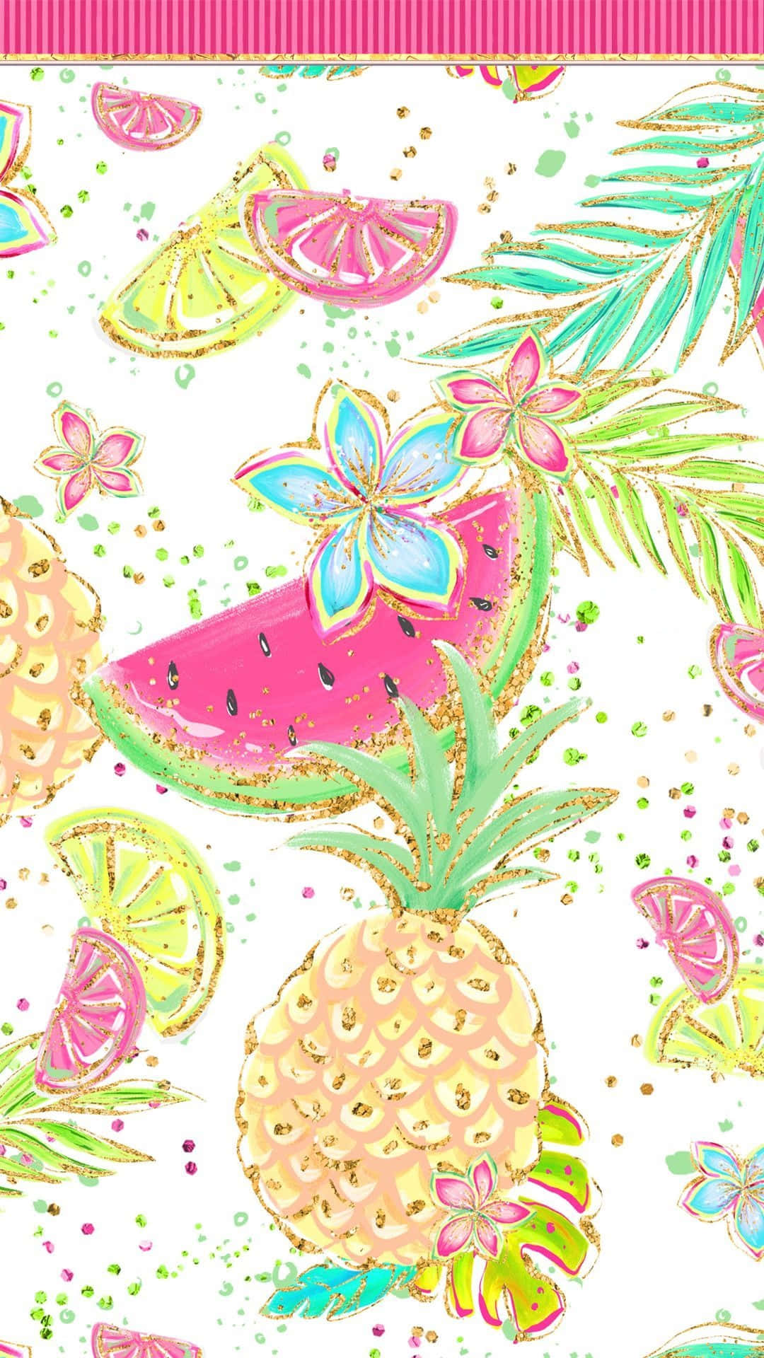 可愛清新夏日藝術 iPhone 壁紙 — 充滿活力的熱帶壁紙，白色背景上帶有閃閃發光的菠蘿、西瓜片和棕櫚葉。