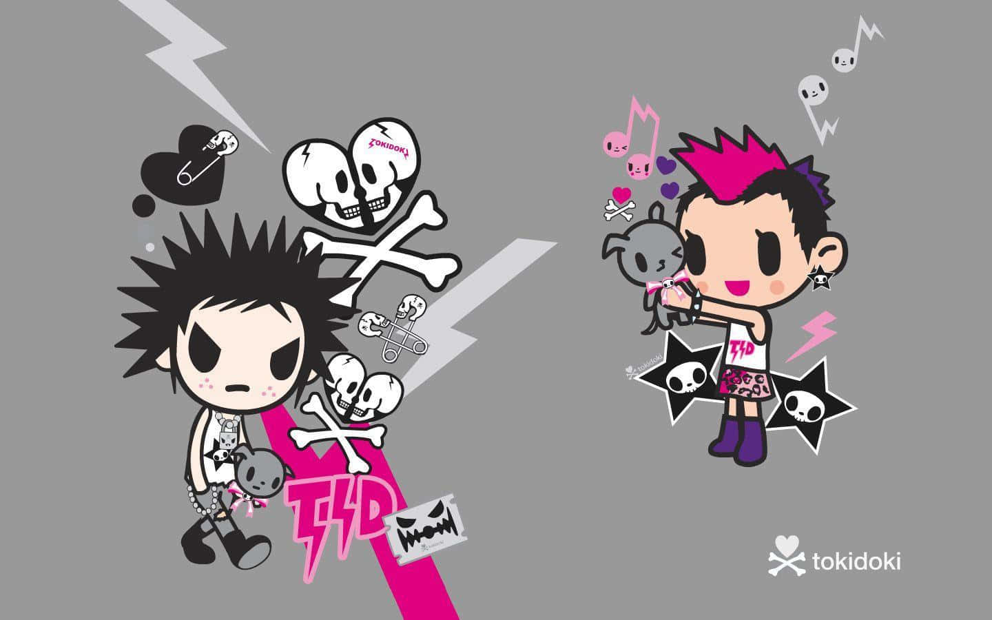 兩個帶有骷髏頭和閃電的龐克 chibi 角色，風格化的圖形設計。