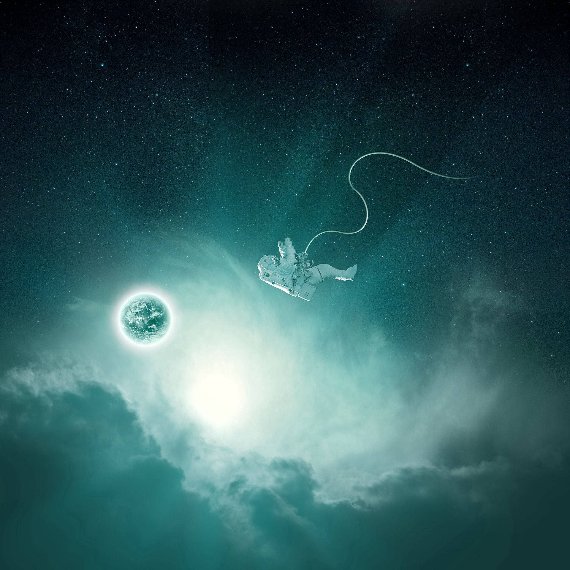 太空人在太空漂流，靠近地球，有發光的星雲和星星。