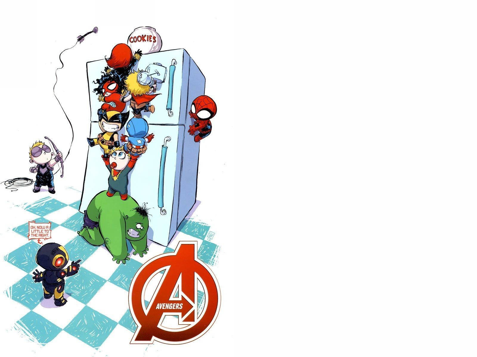 Chibi Avengers 角色在方格地板的廚房中爬上雪櫃。