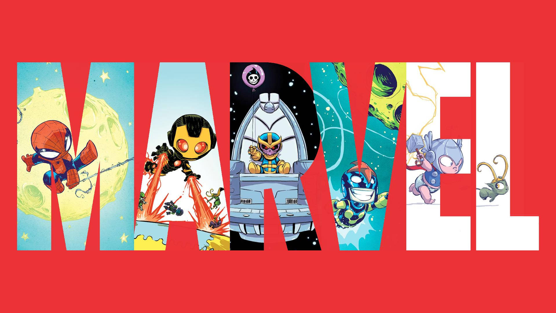 MARVEL 標誌每個字母內的 Q 版漫威超級英雄動作場景。