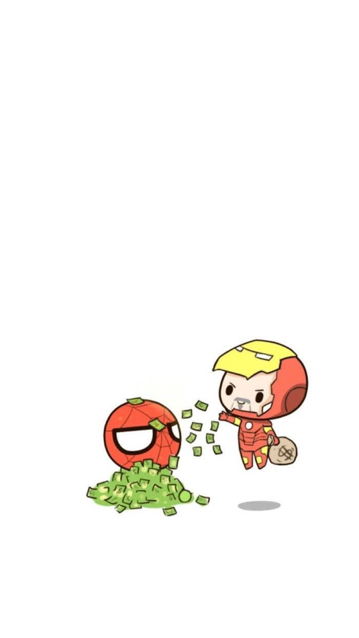 Chibi Iron Man 將錢扔向一個蜘蛛俠頭附近的堆疊。