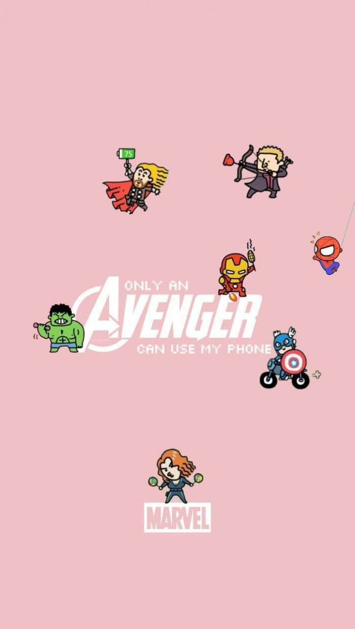Chibi Avengers 角色漂浮在文字周圍，文字說只有復仇者才能使用我的手機。