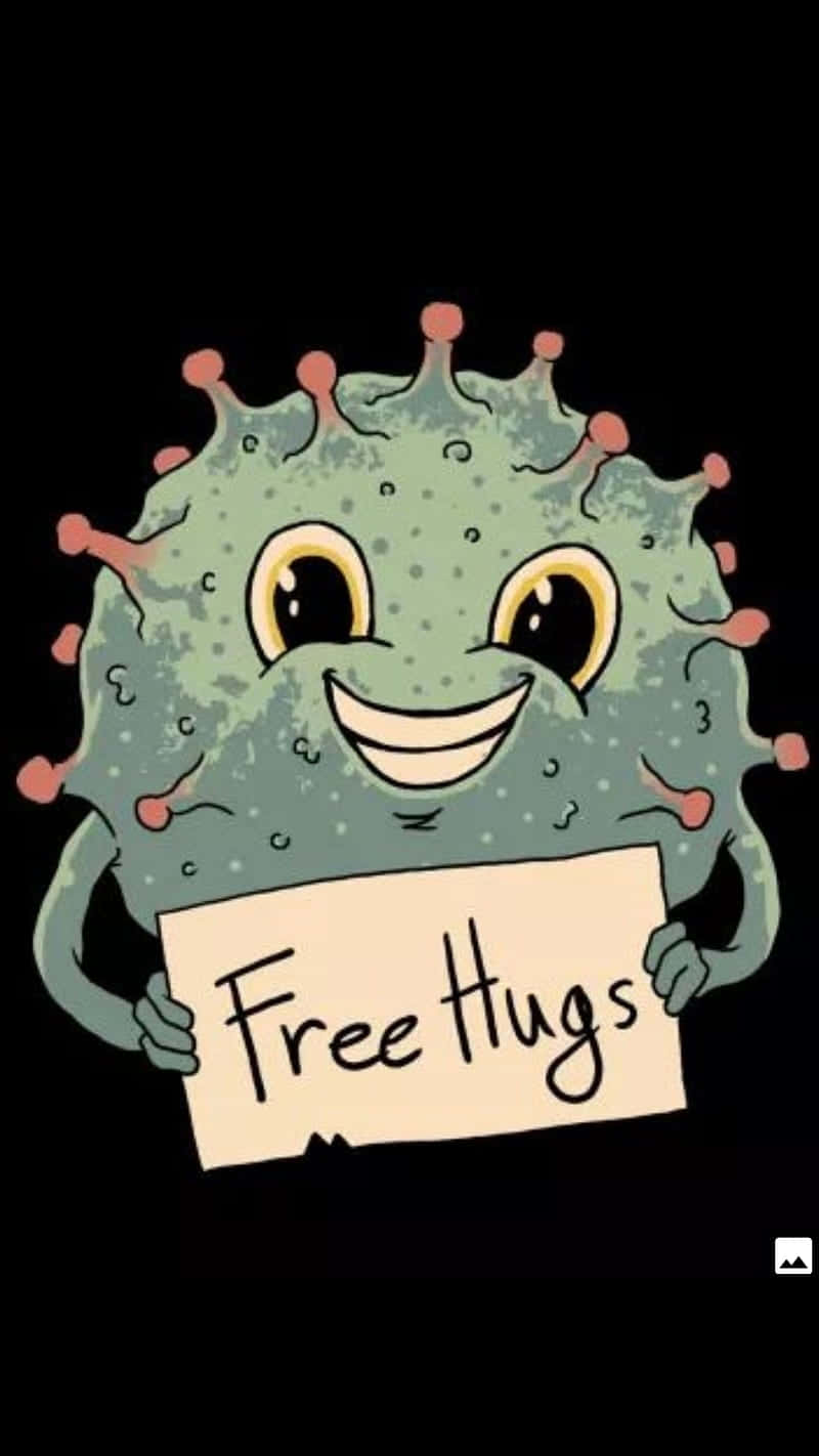 一個微笑的卡通病毒舉著「Free Hugs」牌子。