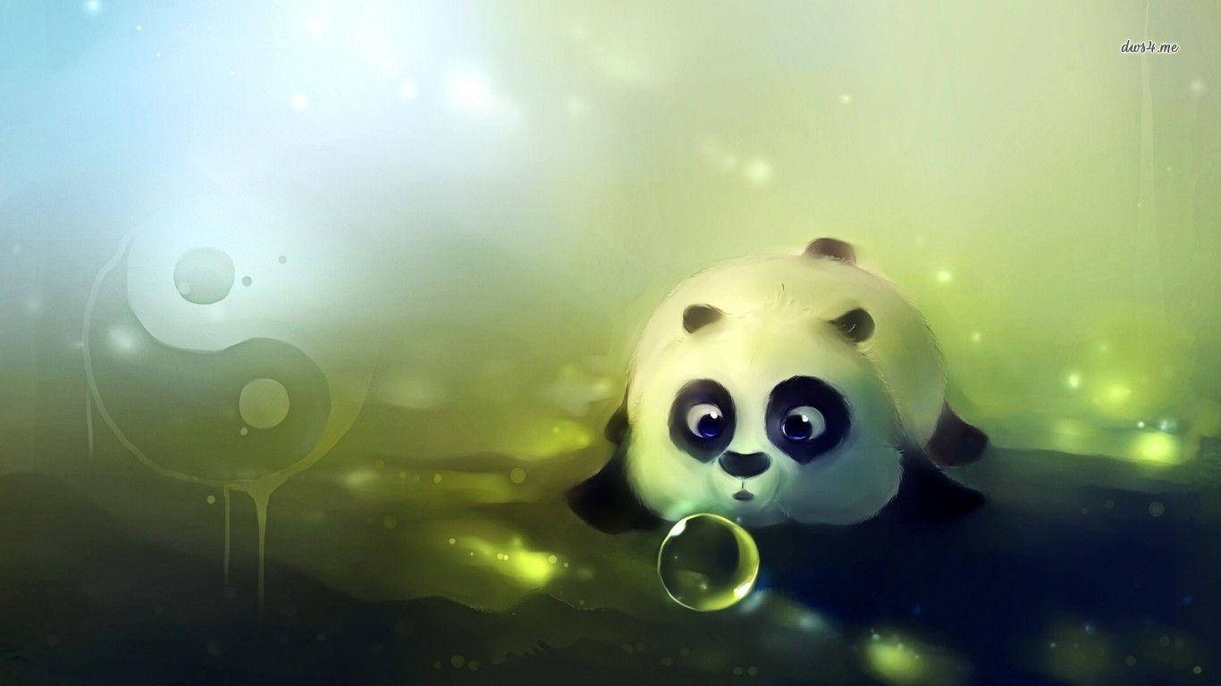 可愛熊貓明亮黃色背景壁紙 壁紙 — 一隻可愛的卡通熊貓漂浮在發光的綠色和藍色迷霧中，手持一個背後有陰陽符號的泡泡。