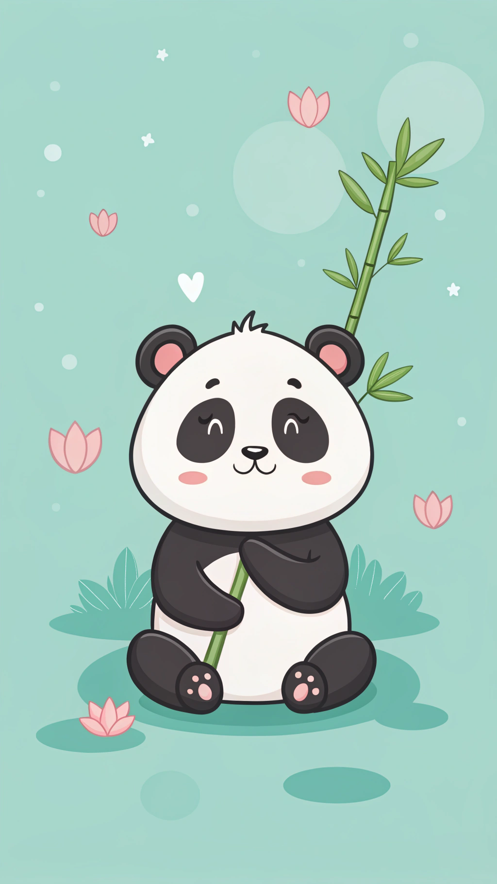 可愛熊貓與竹子的卡通藝術 壁紙 — 一隻可愛的卡通熊貓坐著拿著竹子，周圍有粉紅色的蓮花和漂浮的心形，背景是薄荷綠色。