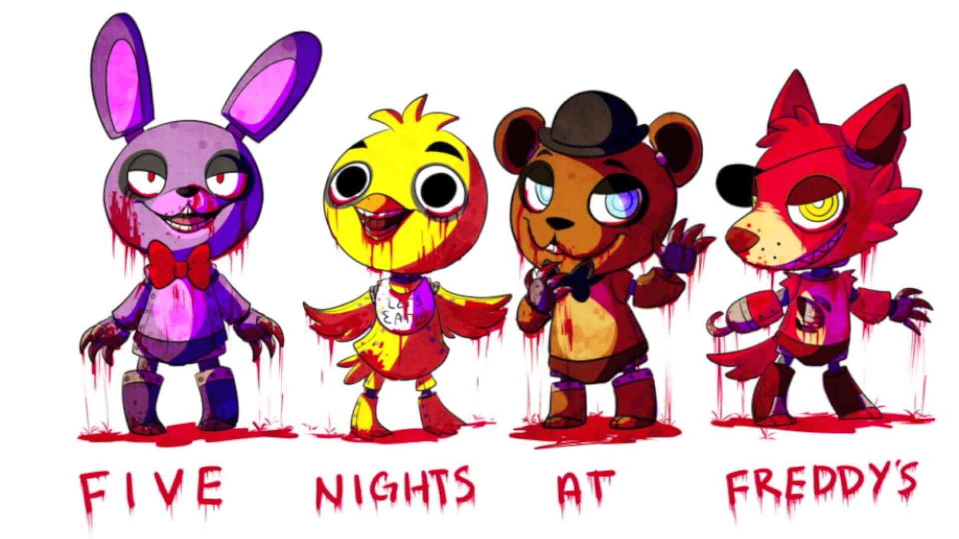可愛狐狸尋找冒險 壁紙 — 來自《Five Nights at Freddy's》的四個血跡斑斑的電子動畫角色排成一排，背景為白色。