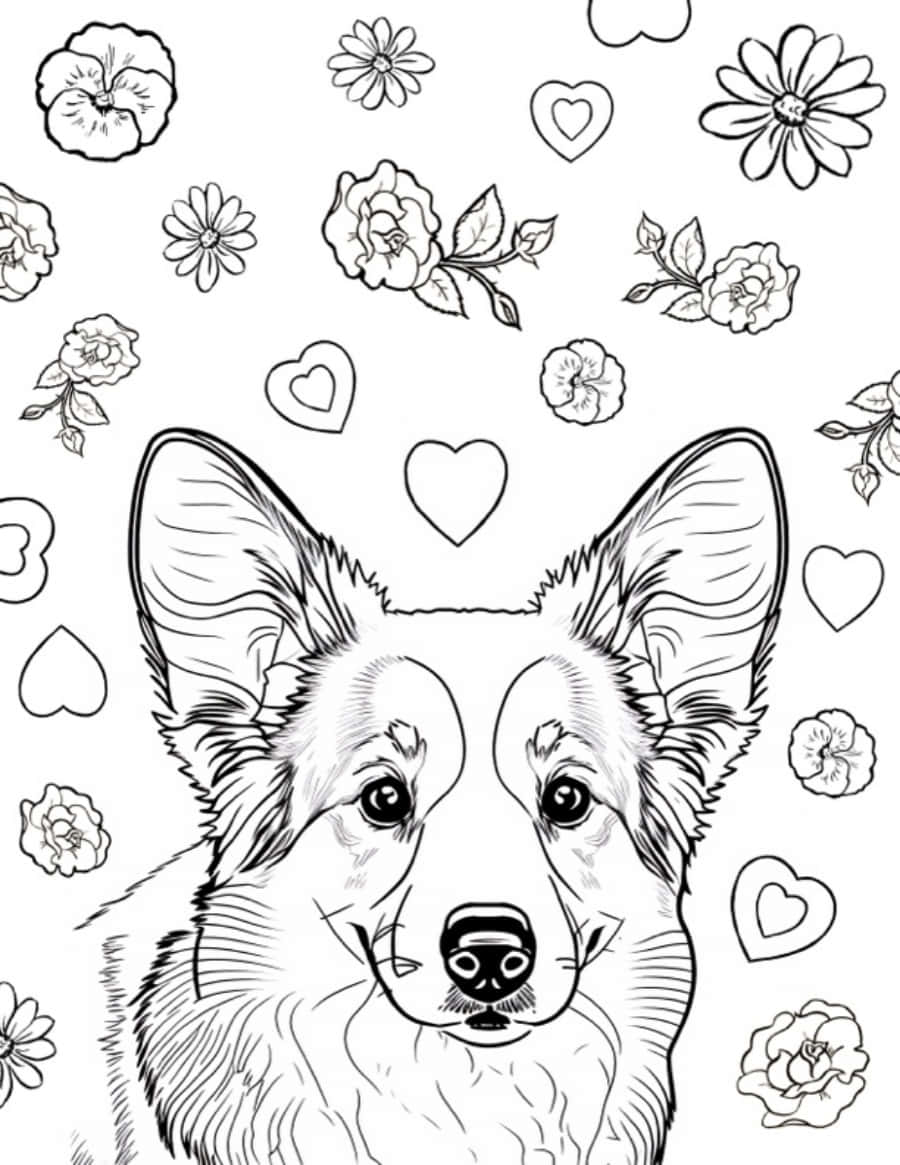 一隻哥基犬以填色書風格被花朵和心形環繞。