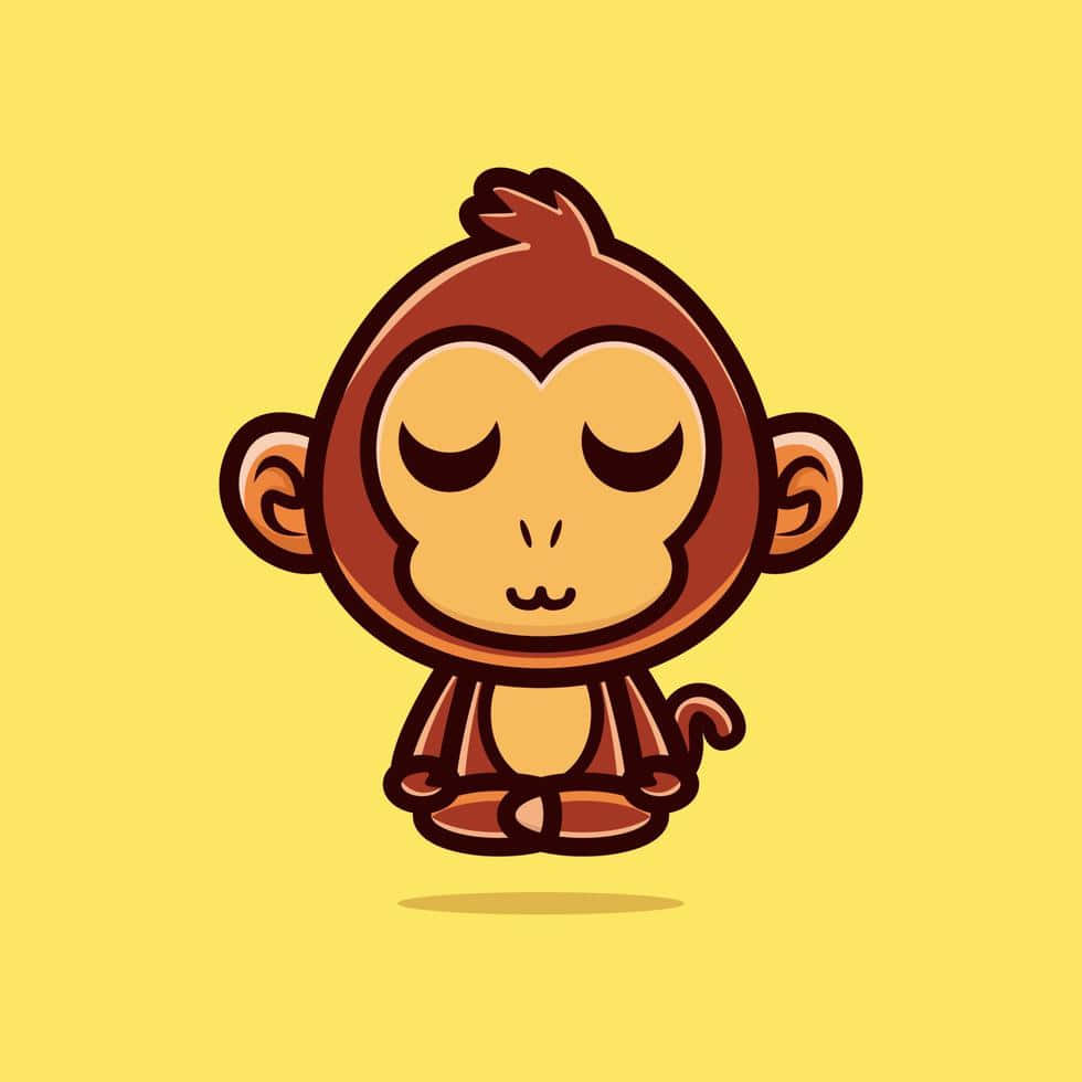 一隻閉著眼睛的卡通猴子靜靜地坐在黃色背景上。