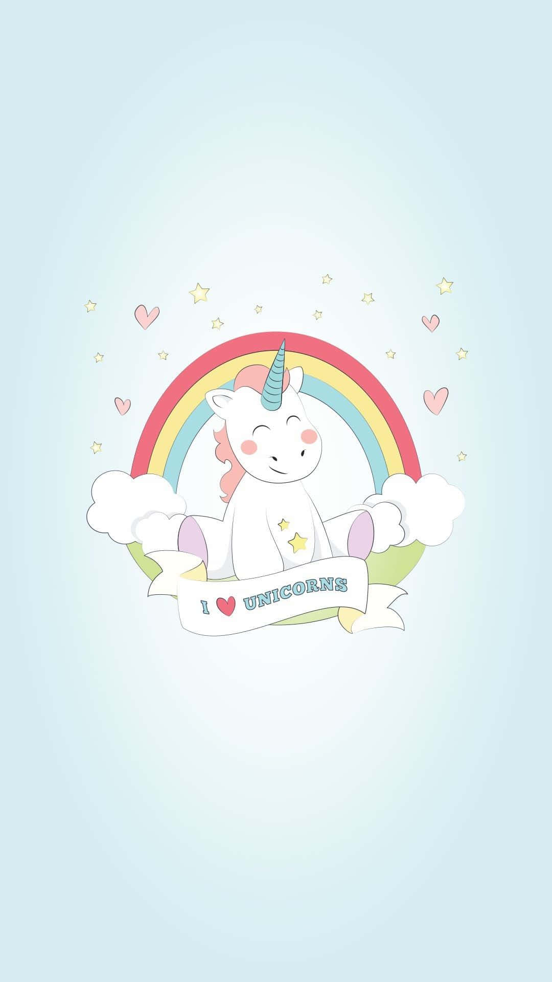 一隻微笑的卡通獨角獸在彩虹下舉著寫有「I heart unicorns」的橫幅。