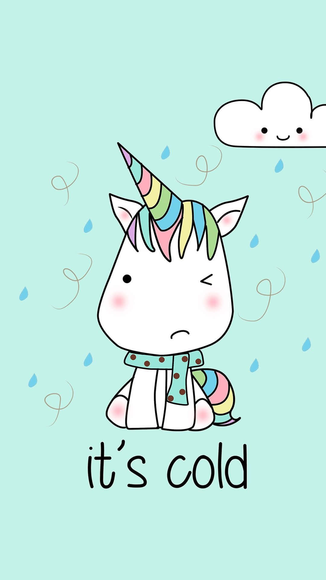 一隻悲傷的卡通獨角獸戴著圍巾在雨中，上方有一朵微笑的雲。