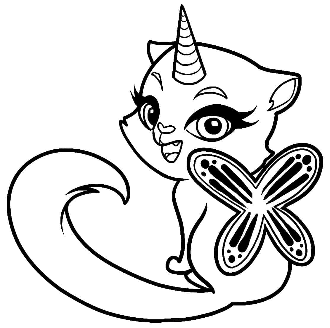 可愛獨角獸蝴蝶貓塗鴉圖 壁紙 — 一隻可愛的卡通獨角獸小貓，帶有條紋角，在黑白線條畫中拿著一隻細節豐富的蝴蝶。
