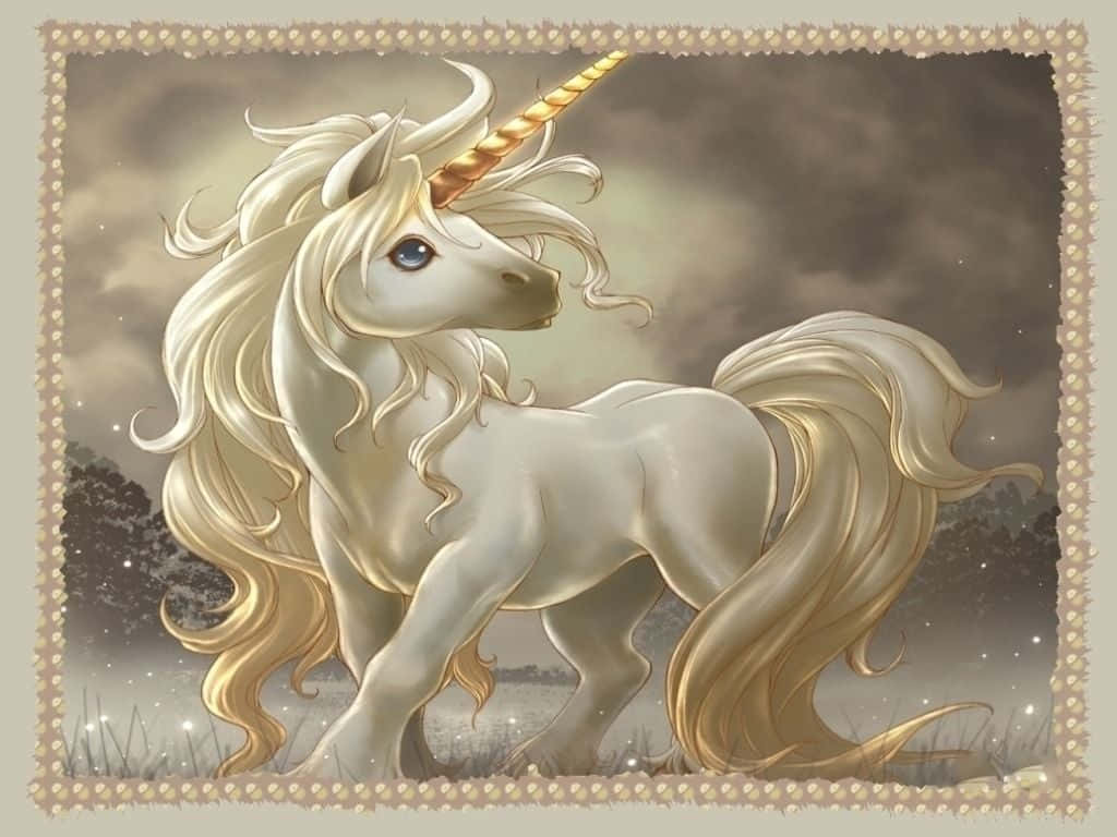 一隻白色獨角獸，擁有金色角和飄逸的鬃毛，站在霧氣瀰漫的田野中。