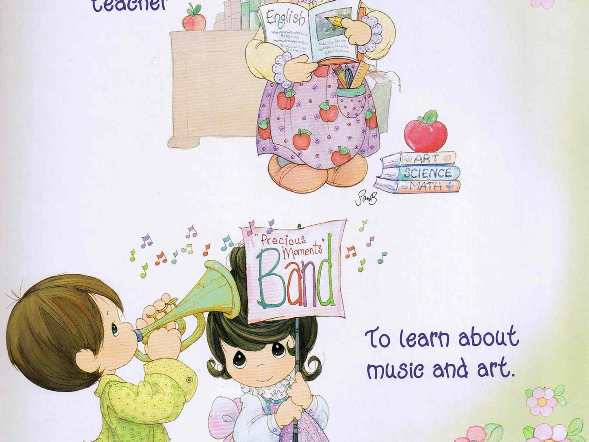 孩子們吹奏小號，並舉著帶有音符和學校用品的樂隊標誌。