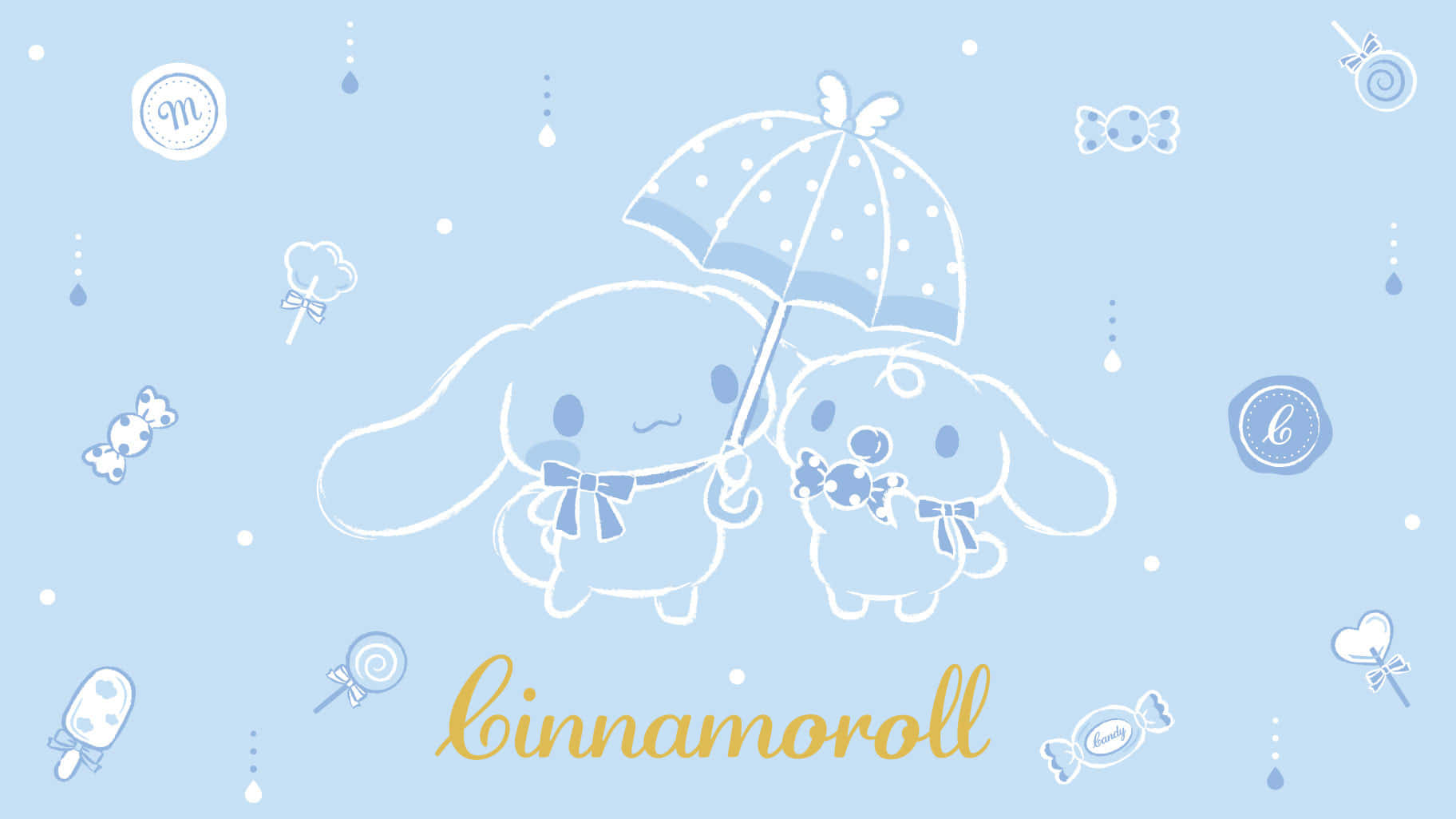 兩隻卡通兔仔在淺藍色背景上被糖果圖標包圍，手持雨傘。