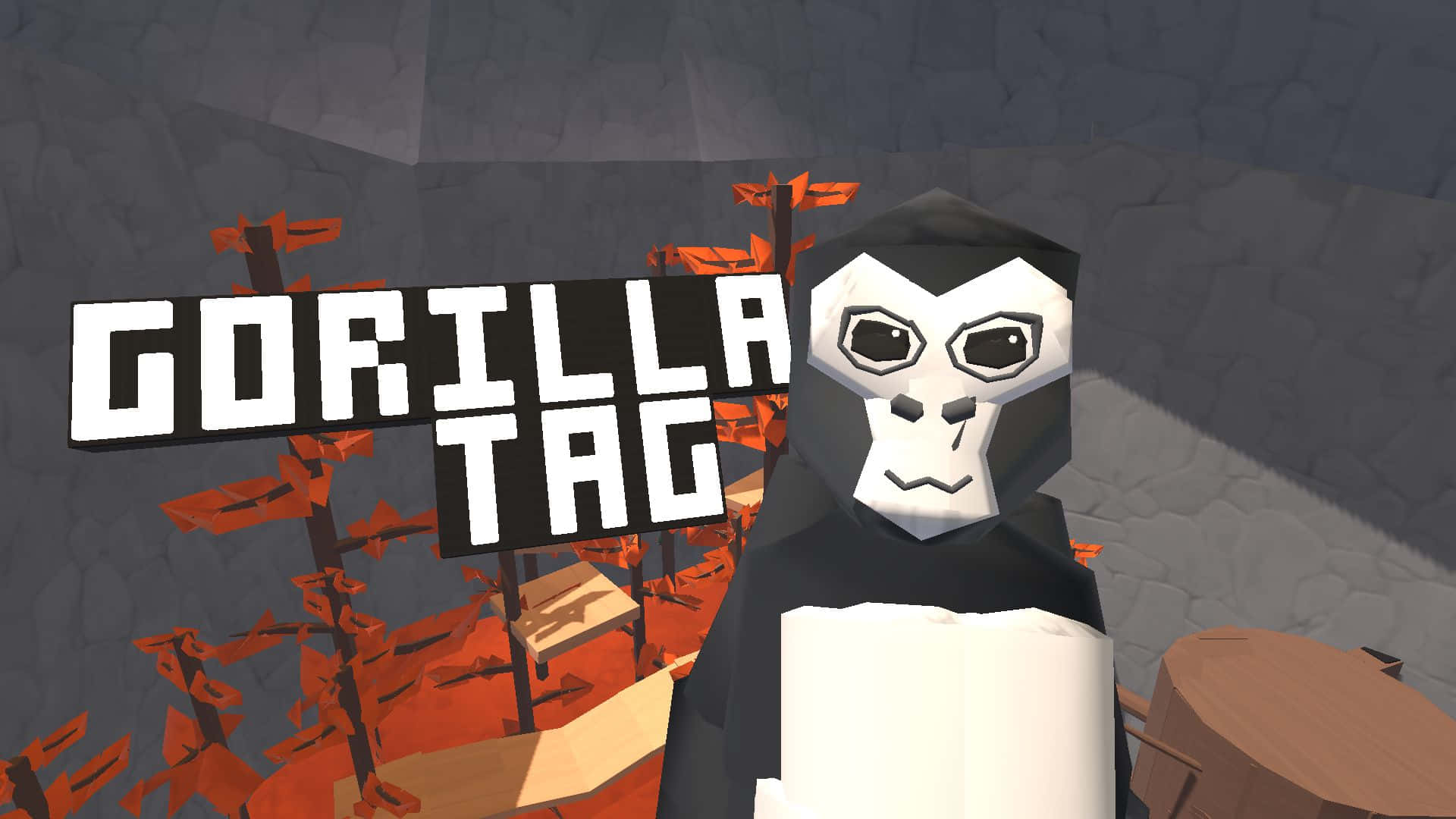 低多邊形大猩猩角色在一個帶有「GORILLA TAG」標誌的視頻遊戲環境中。