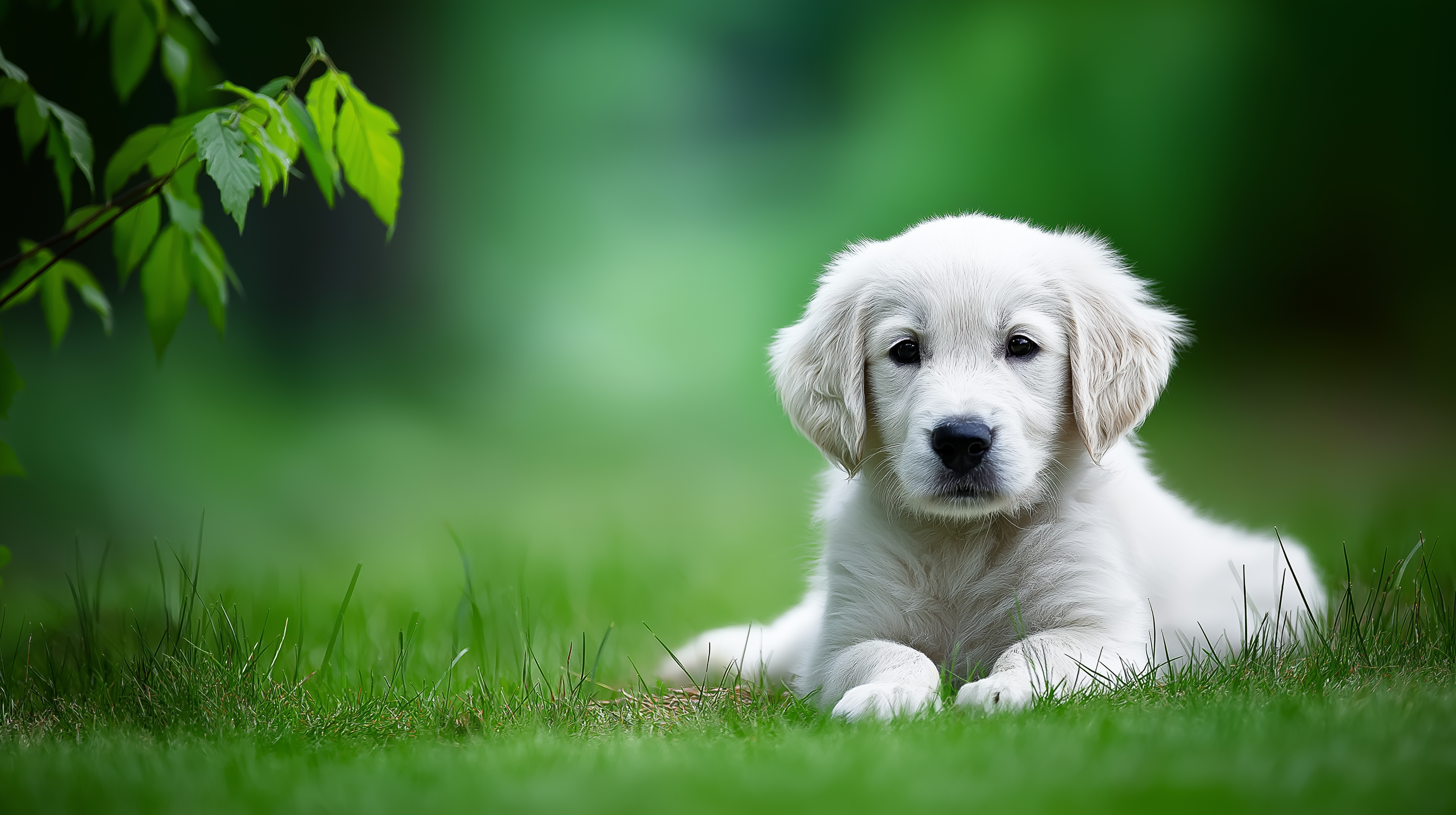 可愛白色金毛幼犬 壁紙 — 一隻毛茸茸的白色小狗平靜地躺在鮮綠色的草地上，柔和自然光下，背景有模糊的樹葉。