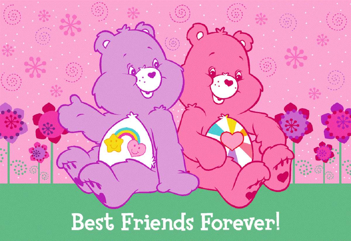 兩隻微笑的Care Bears與花朵一起坐著，並有「Best Friends Forever!」訊息。
