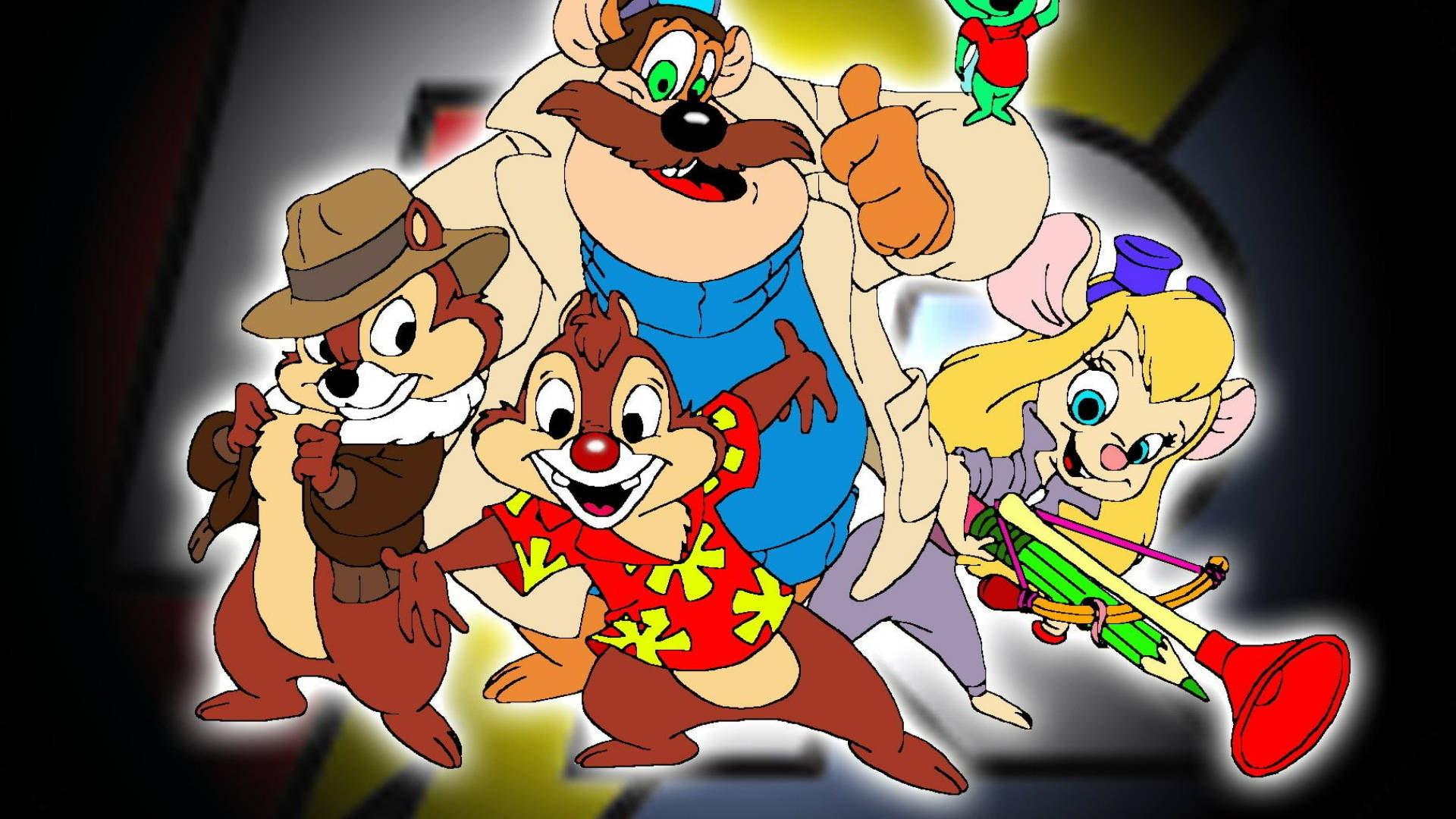 Chip Dale 同朋友以鮮豔顏色同粗線條擺出開心卡通甫士。