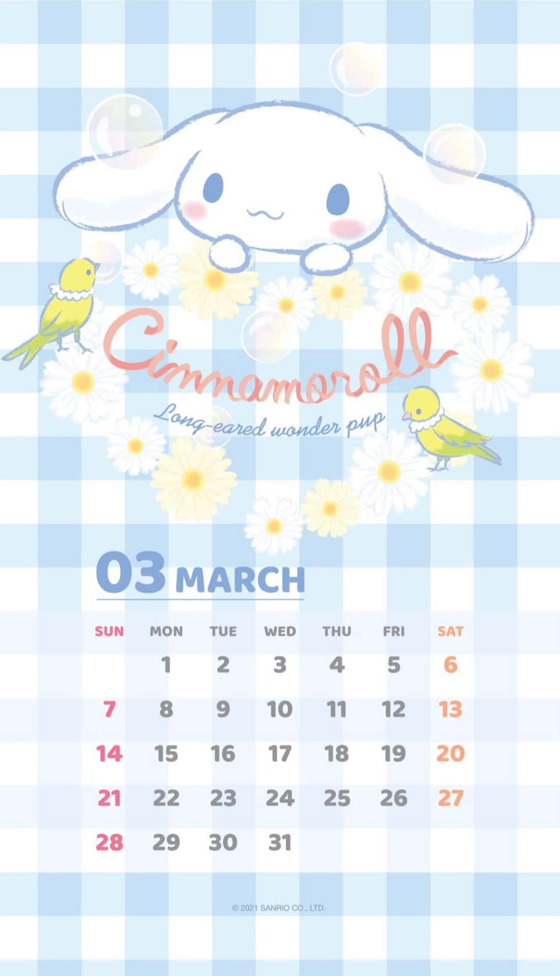 Cinnamoroll兔子被雛菊和泡泡包圍在日曆上。
