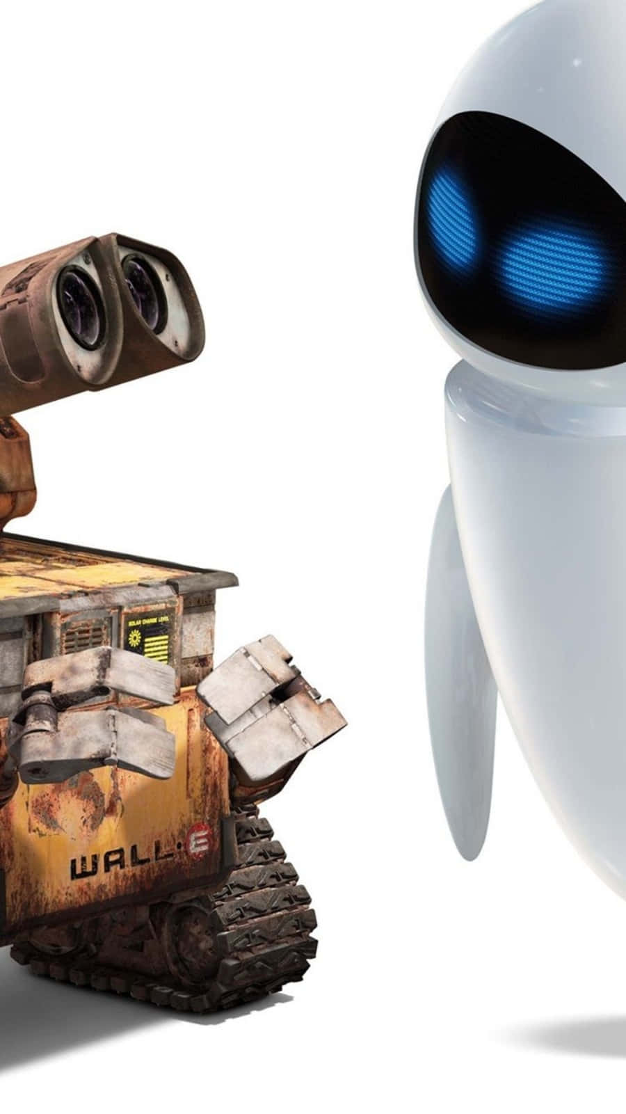 WALL-E 和 EVE 機器人在潔白空間中並肩站立。