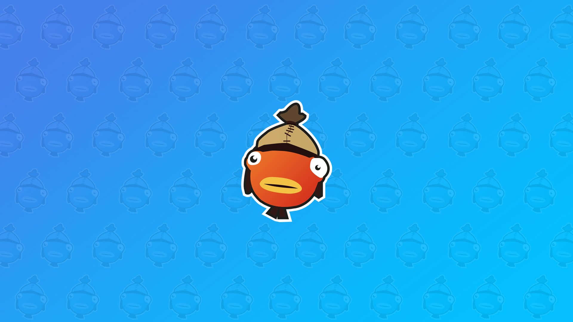 可愛的 Fortnite 魚棒 壁紙 — 一條戴著棕色帽子的卡通魚在帶有重複模糊魚影的藍色漸變背景上顯得格外突出。