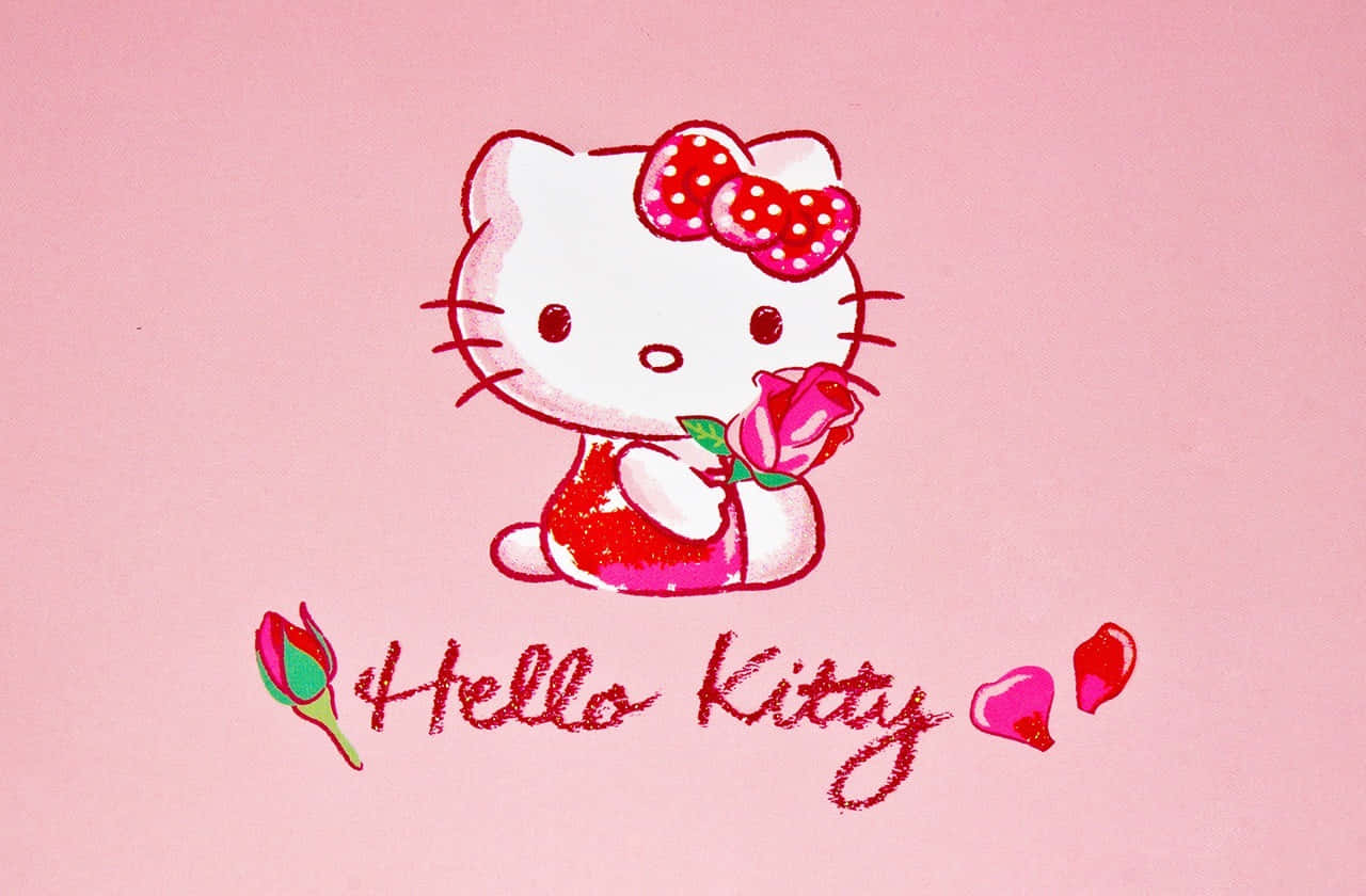 可愛的 Hello Kitty 在公園中開心漫步 壁紙 — Hello Kitty 穿著紅色連衣裙，手持粉紅玫瑰，背景是柔和的粉紅色，帶有閃爍的文字和心形。