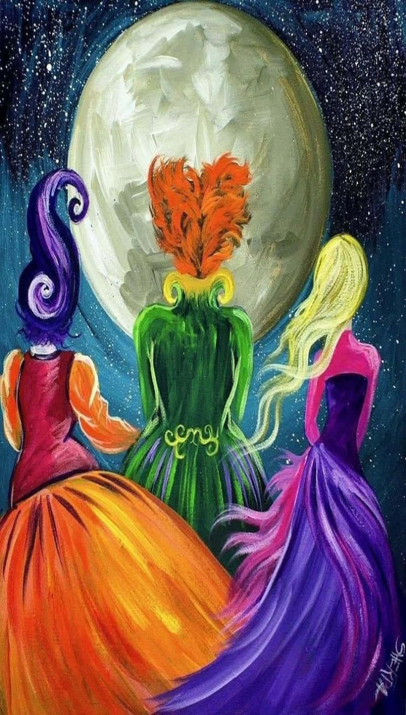 三個色彩繽紛的奇幻人物在星空下觀看滿月。