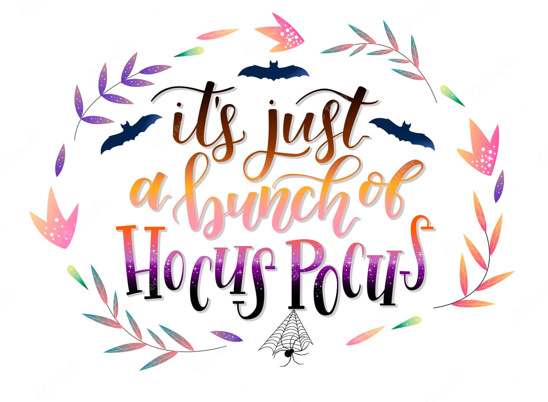 萬聖節短語「it's just a bunch of Hocus Pocus」以風格化字體呈現，搭配蝙蝠和樹葉。