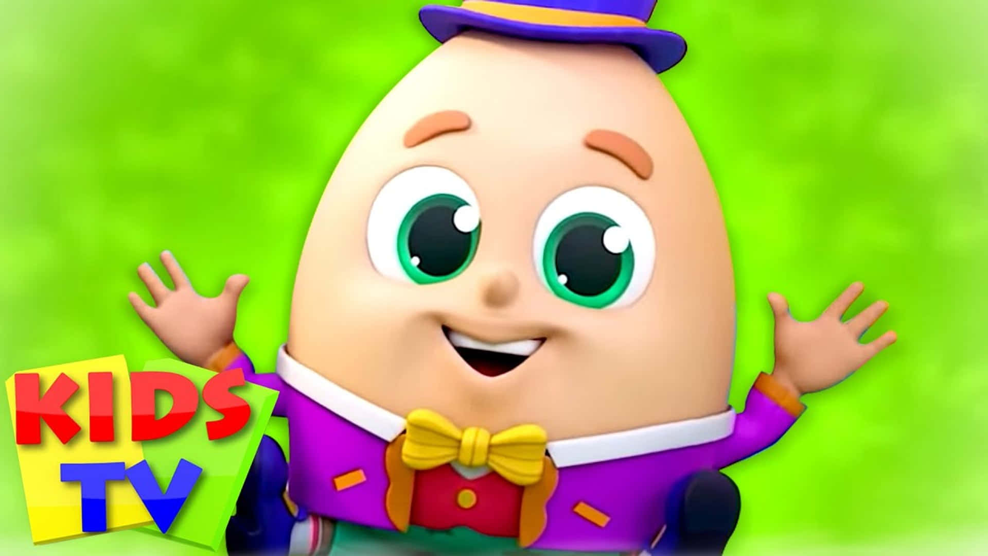 可愛的 Humpty Dumpty 坐在牆上插畫 壁紙 — 一個戴著紫色高帽和領結的卡通雞蛋角色，在明亮的綠色背景上開心地揮手。