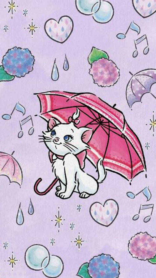 可愛的 Marie Cat 雨中撐傘 壁紙 — 一隻藍眼白貓卡通在薰衣草背景中，於落下的雨滴、心形和音符中拿著粉紅色雨傘。