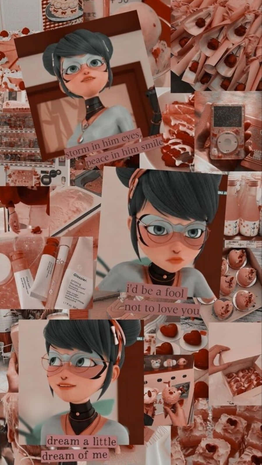 粉紅色調的拼貼畫，包含動漫角色 Ladybug、甜品、美容產品和復古科技。