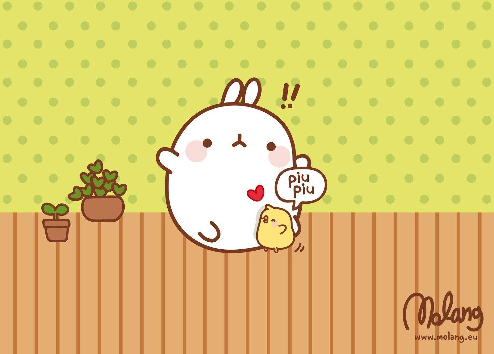 可愛的 Molang 與 Piu Piu 壁紙 — 一隻可愛的白兔，粉紅色的臉頰，抱著一隻小黃雞，背景是綠色圓點牆和木地板。