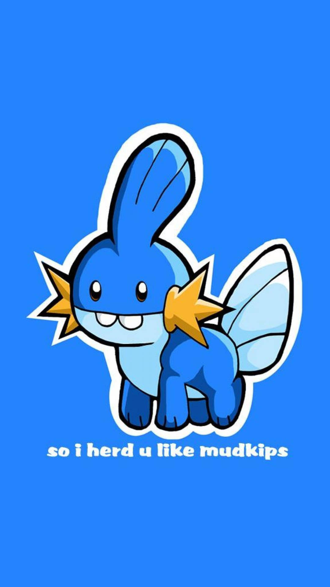 藍色卡通Mudkip有星形面頰同翅膀微笑，下面有文字