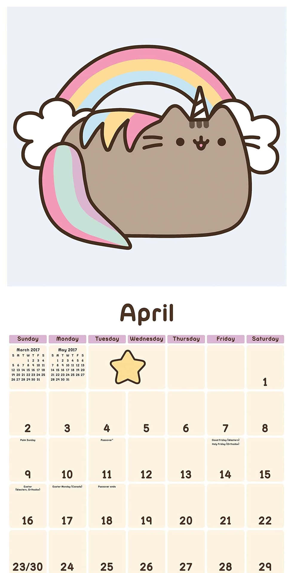 一隻有彩虹角和尾巴的卡通貓，在2017年4月的日曆上方。