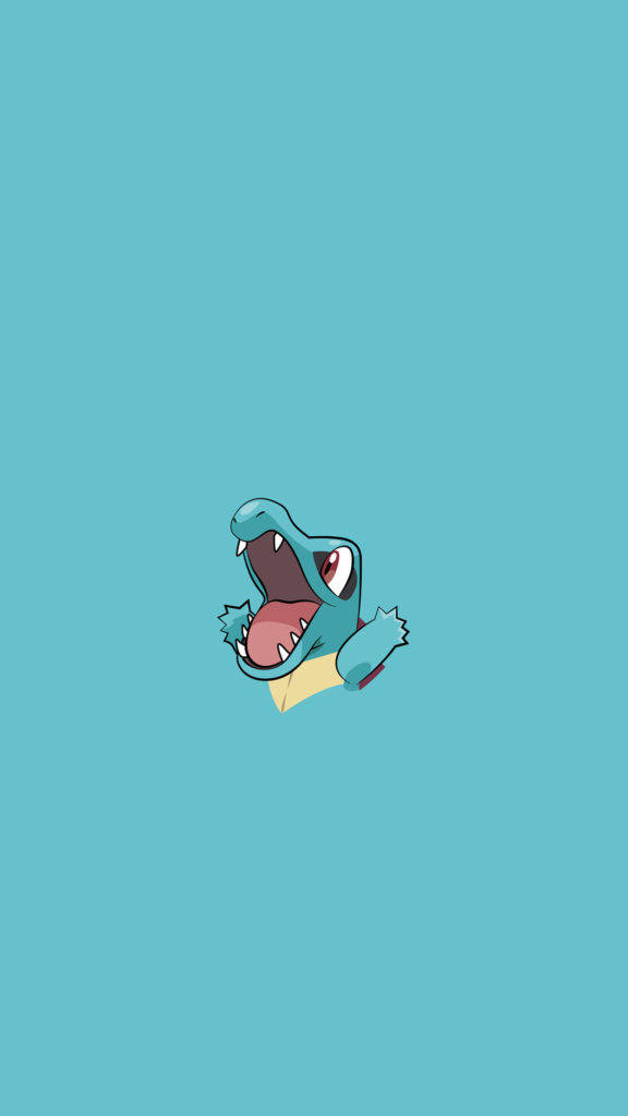 可愛的 Totodile 寶可夢 iPhone 壁紙 — 一隻卡通鱷魚睜大眼睛、張開嘴巴，從純青色背景中彈出。