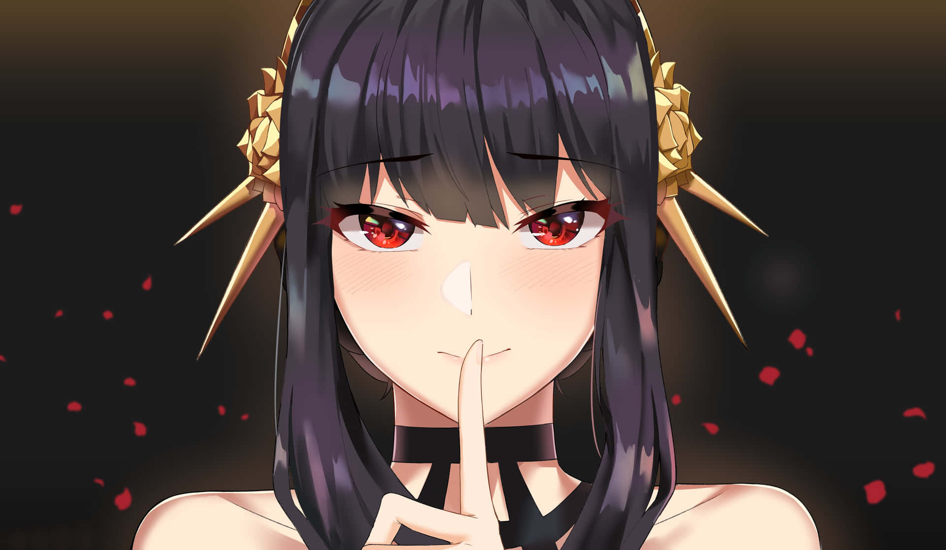 動漫女孩，深色頭髮和紅色眼睛，將手指放在嘴唇上，周圍有漂浮的紅色花瓣。