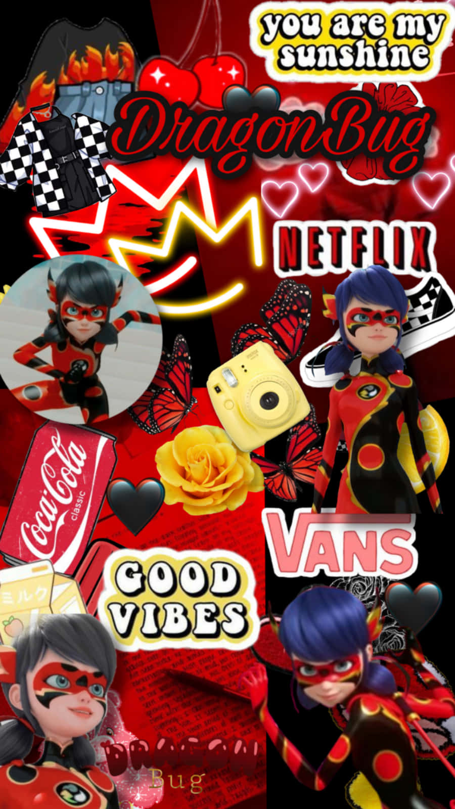 動漫角色 Ladybug 與蝴蝶、玫瑰、可口可樂和 Netflix 品牌在紅色拼貼畫中。