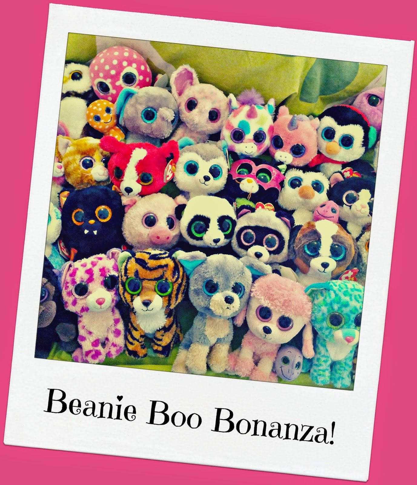 可愛的Beanie Boos極限相框壁紙 壁紙 — 一堆色彩繽紛的Beanie Boo毛絨玩具，擁有超大眼睛和各種圖案，排列在寶麗來相框內。