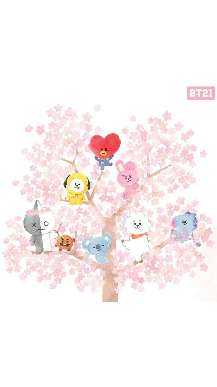 可愛的BT21櫻花 壁紙 — 七個 BT21 卡通角色在白色背景的風格化樹上，俏皮地棲息在粉紅色的櫻花之間。