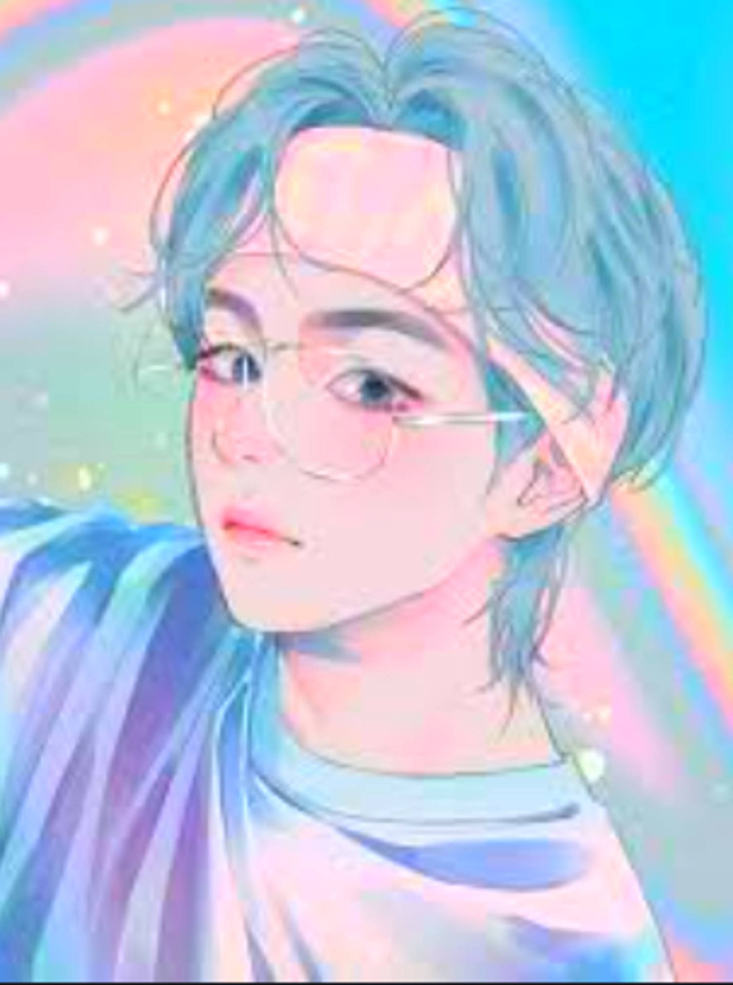 可愛的BTS成員泰亨粉彩插畫 壁紙 — 一個年輕的動漫風格角色，藍色頭髮戴著眼鏡，柔和地凝視著發光的粉彩彩虹背景。