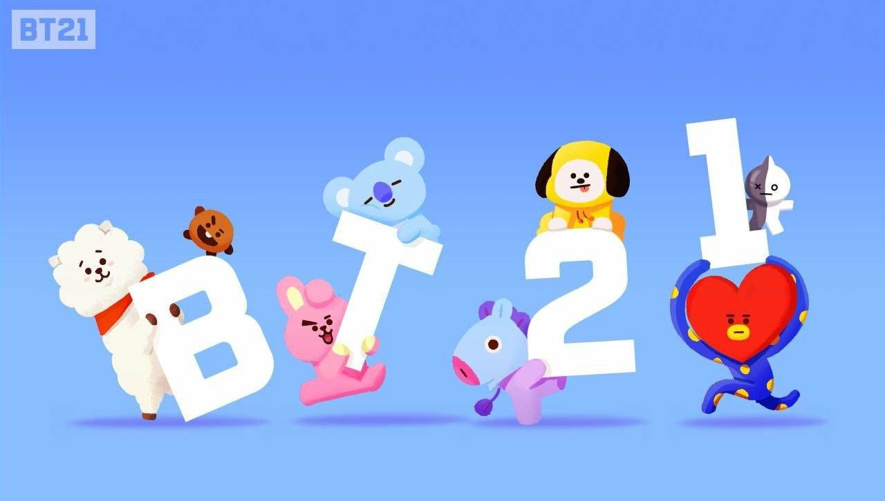 BT21卡通角色在藍色背景上手持字母B T 2 1