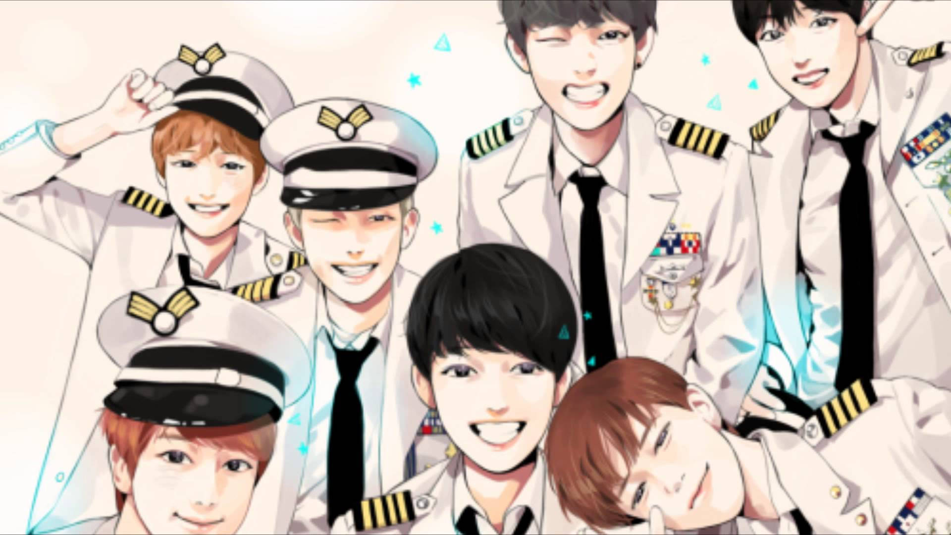 可愛的BTS海軍風格插畫 壁紙 — 七位身穿潔白制服、神情愉快的動畫機師，在星光閃爍中俏皮地擺出姿勢。