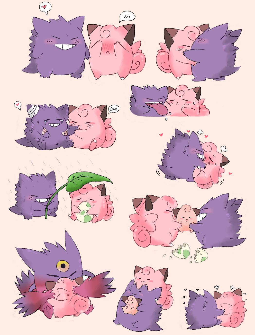 可愛的Clefairy與Gengar 壁紙 — 可愛的紫色和粉紅色寶可夢角色以柔和粉彩插畫風格分享俏皮親密的時刻。
