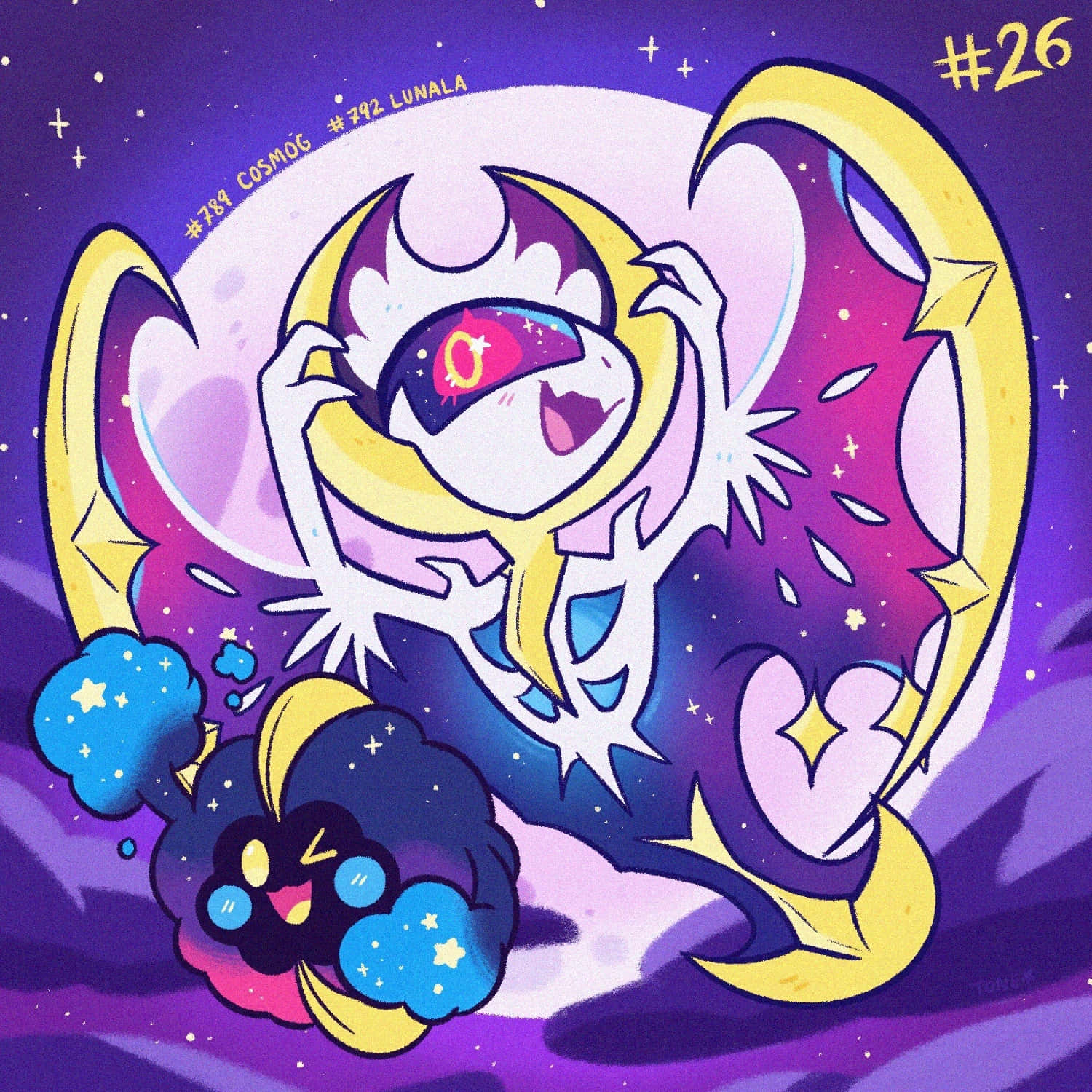 可愛的Cosmog與Lunala飛行畫 壁紙 — 一條充滿活力的動漫風格宇宙龍，擁有黃色新月翅膀和星光眼睛，在紫色銀河背景下快樂地擺姿勢。