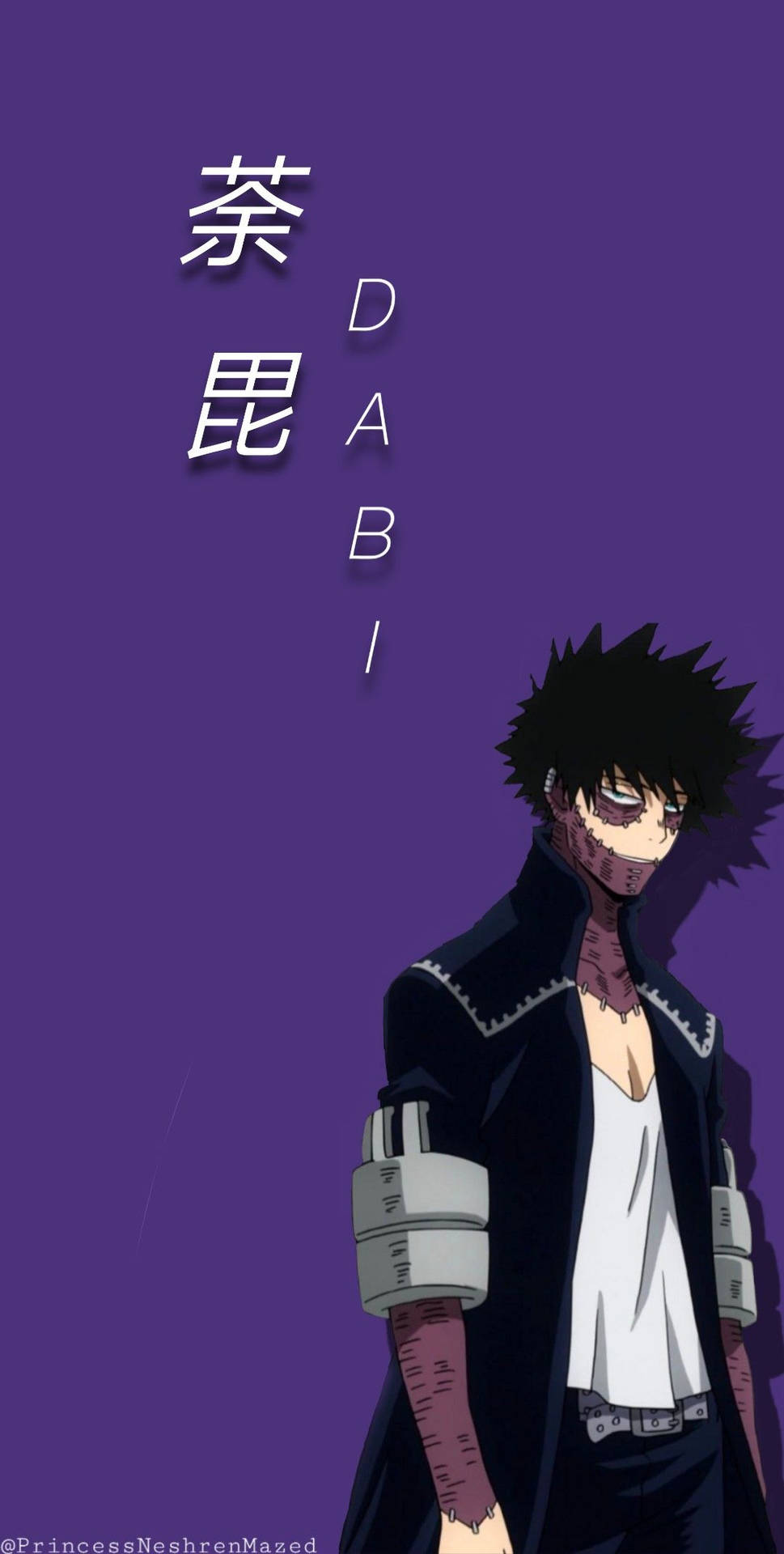 動漫角色 Dabi 黑色刺蝟頭和面具，背景為紫色。